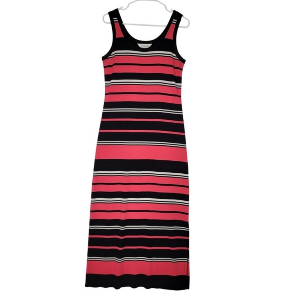 Misook Sleeveless Knit‎ Maxi Dress Pink Black White Striped Scoop Neck Small